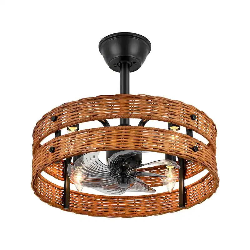 Double-Layer Rattan & Black Iron Ceiling Fan Light - Rustic Natural Fixture with Cooling & Illumination, Ideal for Living Room Decor
