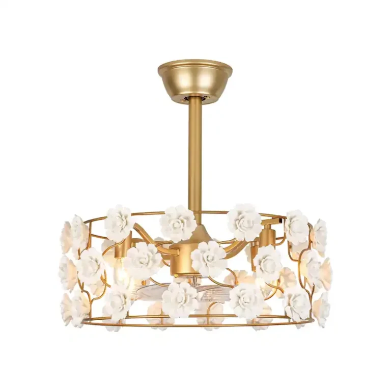 Gold & White Floral Ceiling Fan Light - French Romantic Fixture with Cooling & Illumination, Ideal for Bedroom Decor