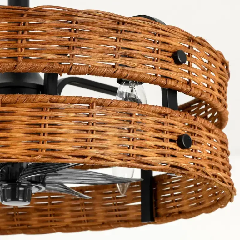 Double-Layer Rattan & Black Iron Ceiling Fan Light - Rustic Natural Fixture with Cooling & Illumination, Ideal for Living Room Decor