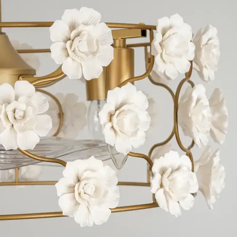 Gold & White Floral Ceiling Fan Light - French Romantic Fixture with Cooling & Illumination, Ideal for Bedroom Decor