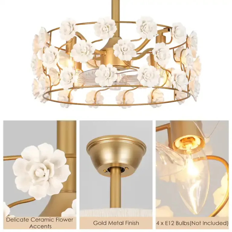 Gold & White Floral Ceiling Fan Light - French Romantic Fixture with Cooling & Illumination, Ideal for Bedroom Decor