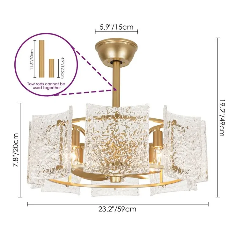 Gold & Textured Glass Ceiling Fan with Light - Luxury 2-in-1 Fixture, Ideal for Living Room Decor