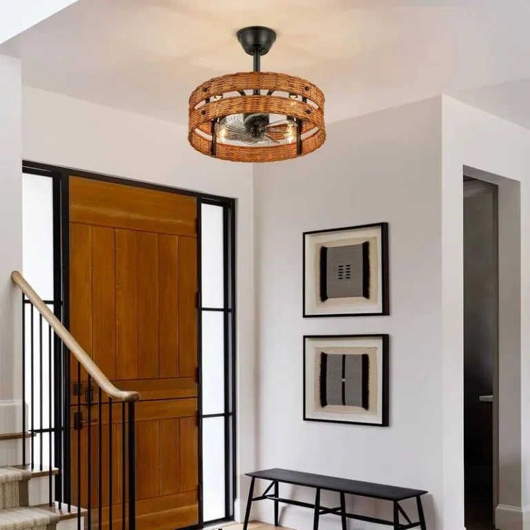 Double-Layer Rattan & Black Iron Ceiling Fan Light - Rustic Natural Fixture with Cooling & Illumination, Ideal for Living Room Decor