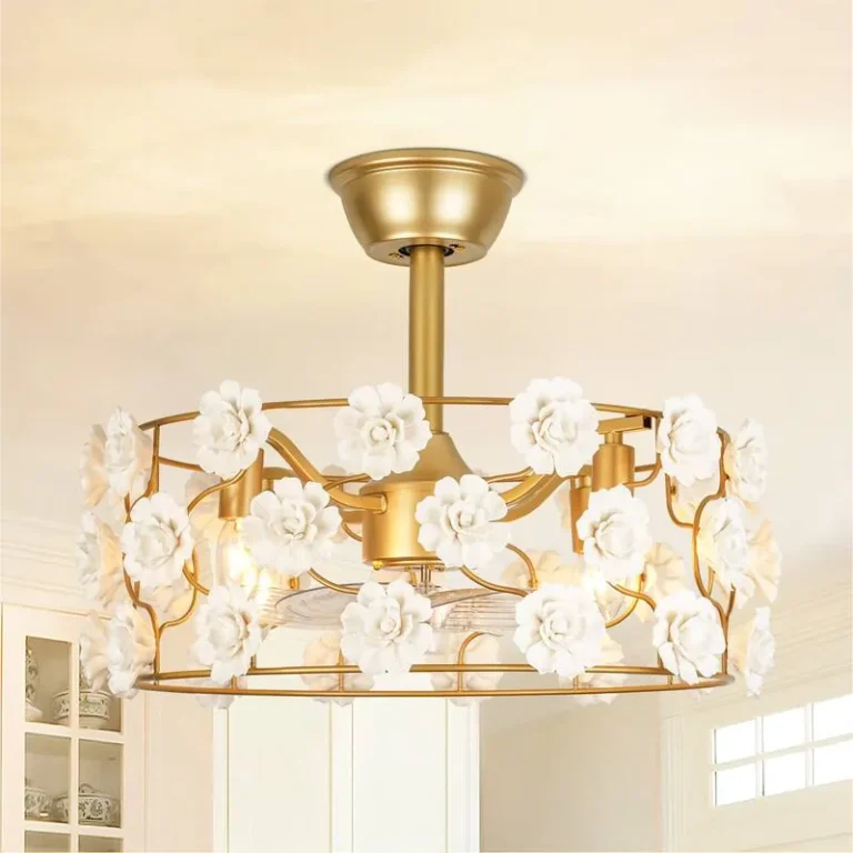 Gold & White Floral Ceiling Fan Light - French Romantic Fixture with Cooling & Illumination, Ideal for Bedroom Decor