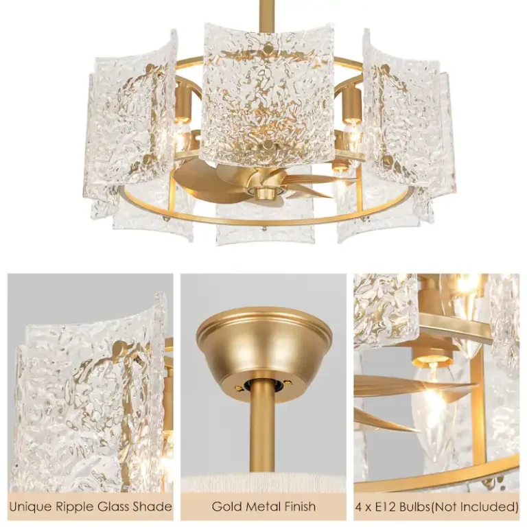 Gold & Textured Glass Ceiling Fan with Light - Luxury 2-in-1 Fixture, Ideal for Living Room Decor