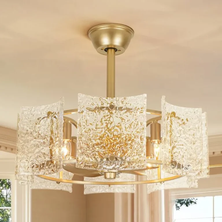 Gold & Textured Glass Ceiling Fan with Light - Luxury 2-in-1 Fixture, Ideal for Living Room Decor