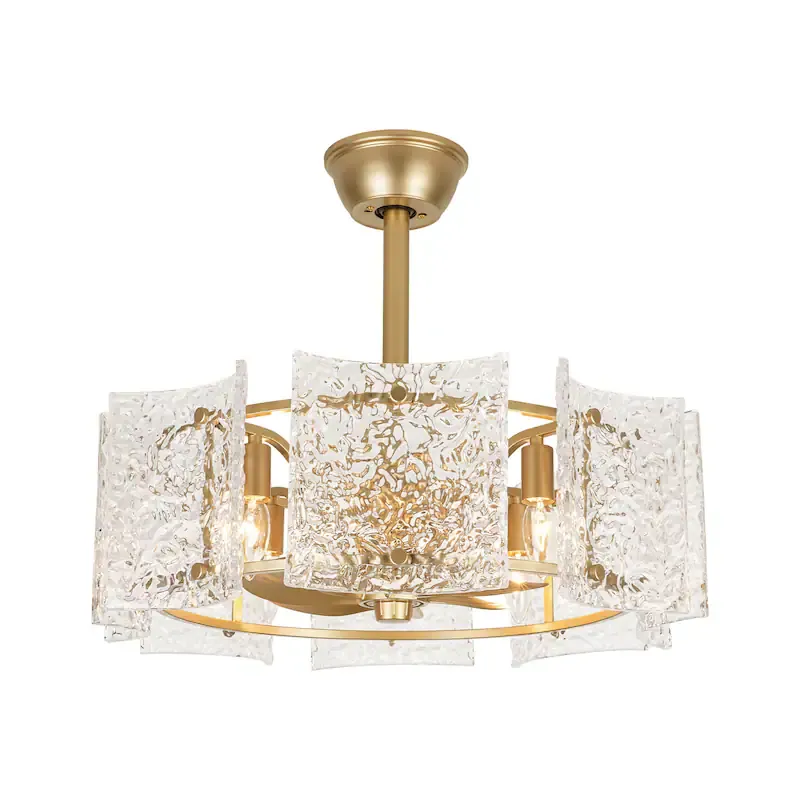 Gold & Textured Glass Ceiling Fan with Light - Luxury 2-in-1 Fixture, Ideal for Living Room Decor